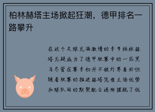 柏林赫塔主场掀起狂潮，德甲排名一路攀升