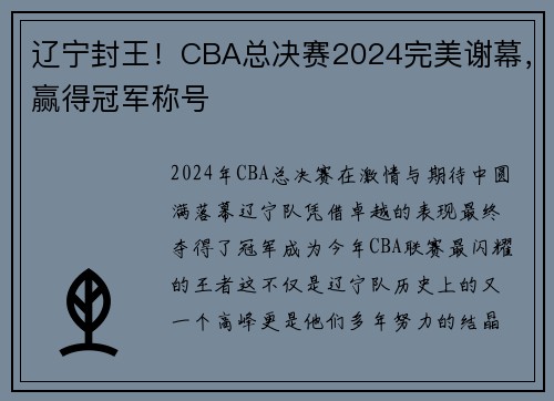 辽宁封王！CBA总决赛2024完美谢幕，赢得冠军称号